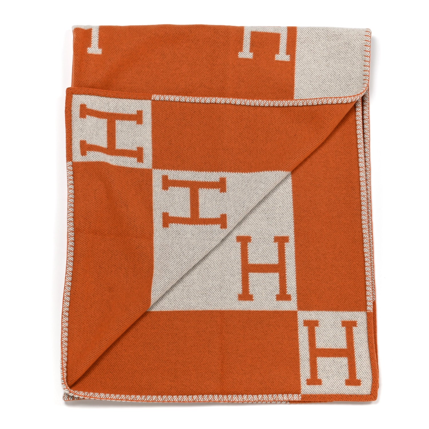 Hermes Wool Cashmere Signature Classic Avalon Blanket Ecru Potiron 2 of 3