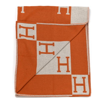 Hermes Wool Cashmere Signature Classic Avalon Blanket Ecru Potiron 2 of 3
