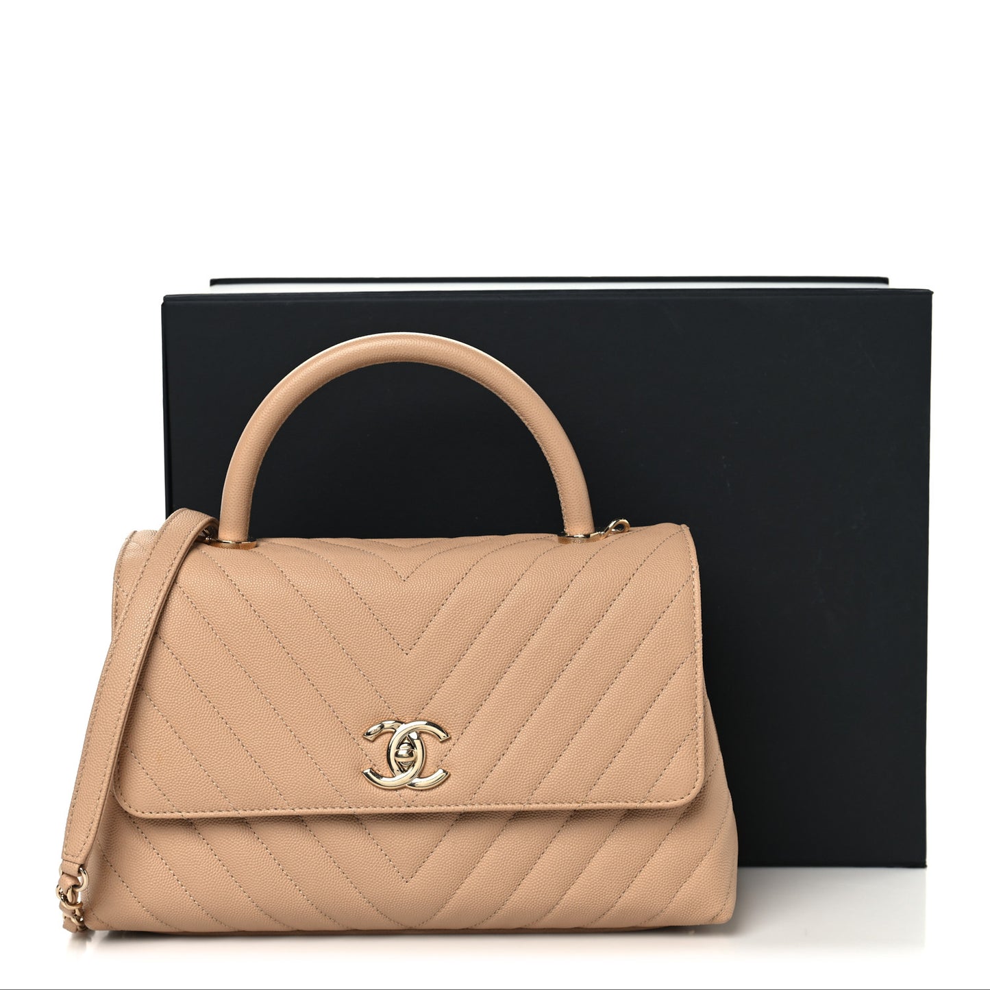 Caviar Chevron Quilted Small Coco Handle Flap Beige