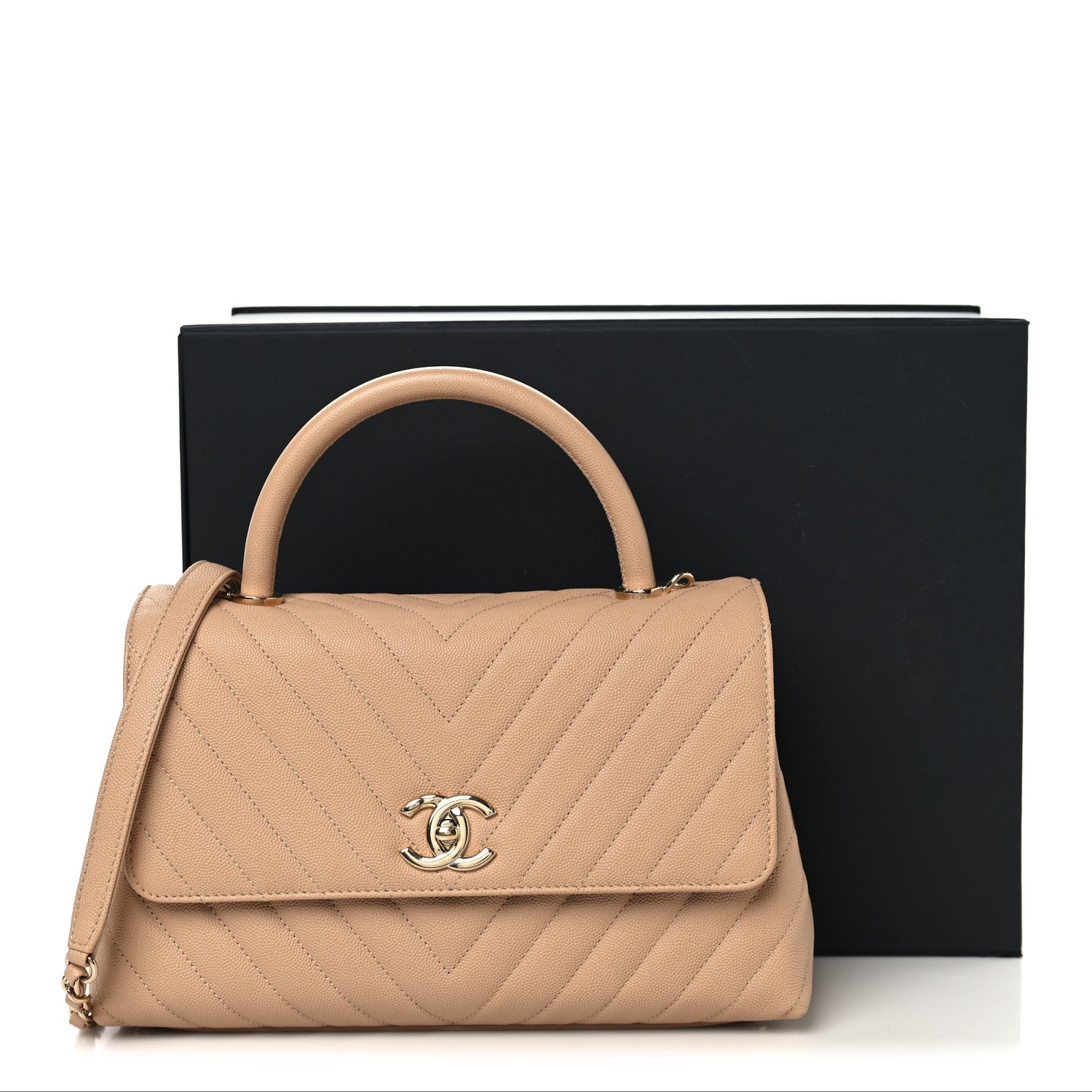 Chanel Caviar Chevron Quilted Small Coco Handle Flap Beige 12 of 12