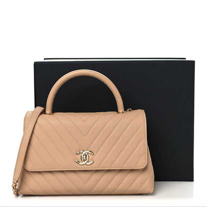 Chanel Caviar Chevron Quilted Small Coco Handle Flap Beige 12 of 12