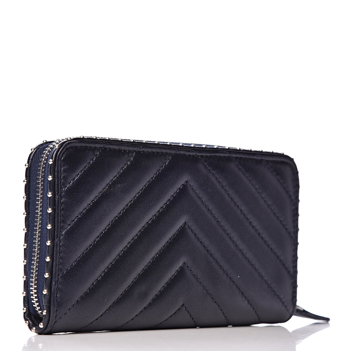 Lambskin Chevron Quilted Studded Zip Around Wallet Navy Blue