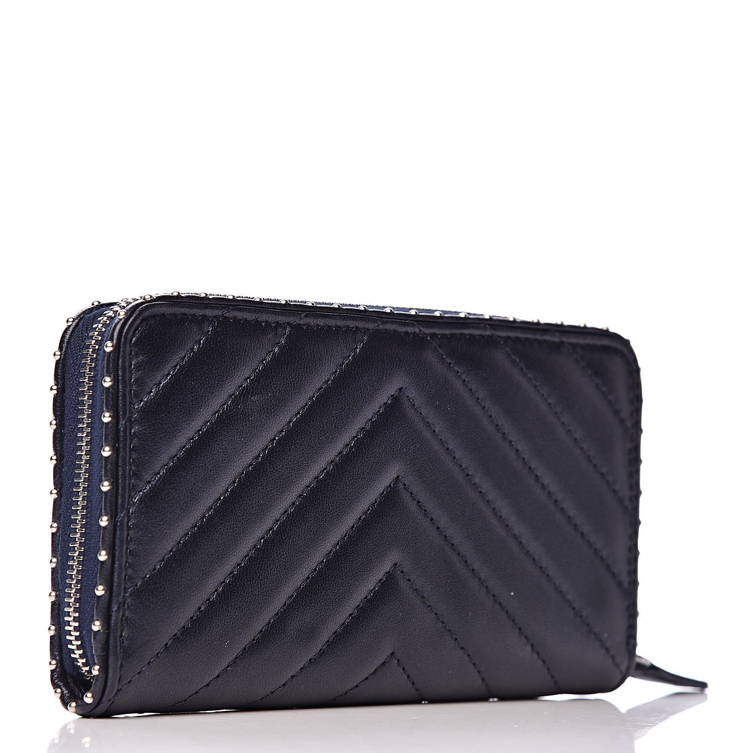 Chanel Lambskin Chevron Quilted Studded Zip Around Wallet Navy Blue 3 of 9