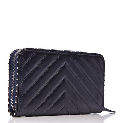 Chanel Lambskin Chevron Quilted Studded Zip Around Wallet Navy Blue 3 of 9
