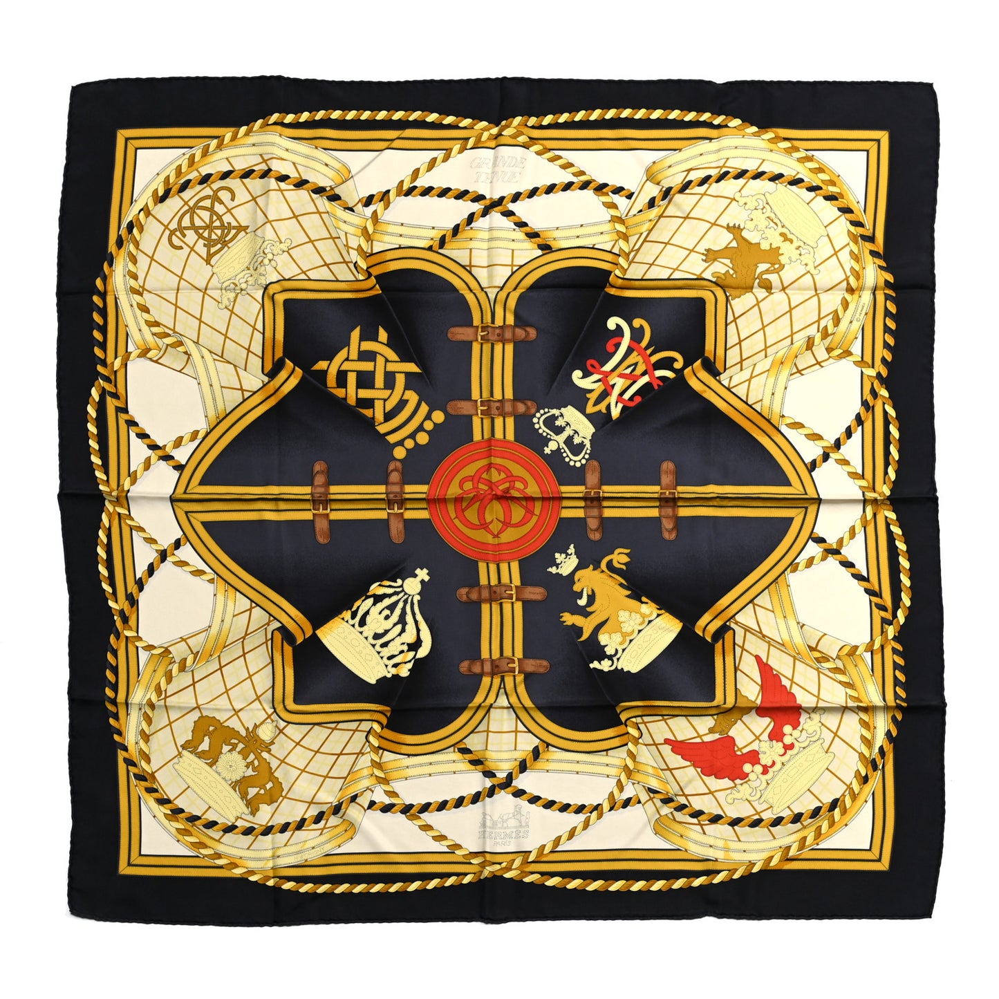 Silk Grande Tenue Scarf Wash 90 Black Cream Gold
