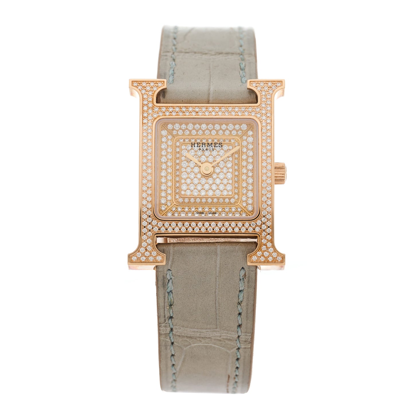 18K Rose Gold Alligator Diamond Pave 21mm Heure H Hour Quartz Watch Gris Perle