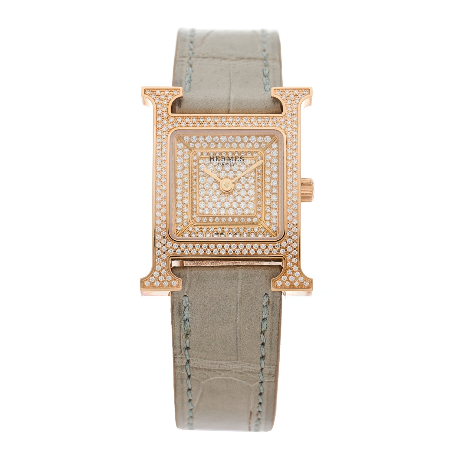 Hermes 18K Rose Gold Alligator Diamond Pave 21mm Heure H Hour Quartz Watch Gris Perle 1 of 4