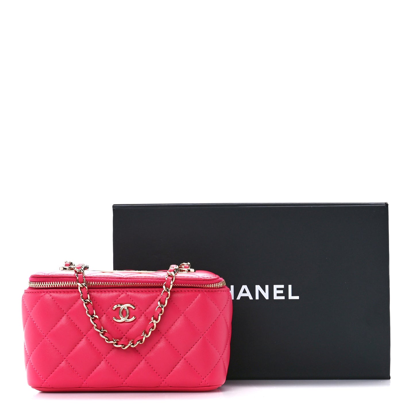 Lambskin Quilted Trendy Small Vanity Case With Chain Dark Pink