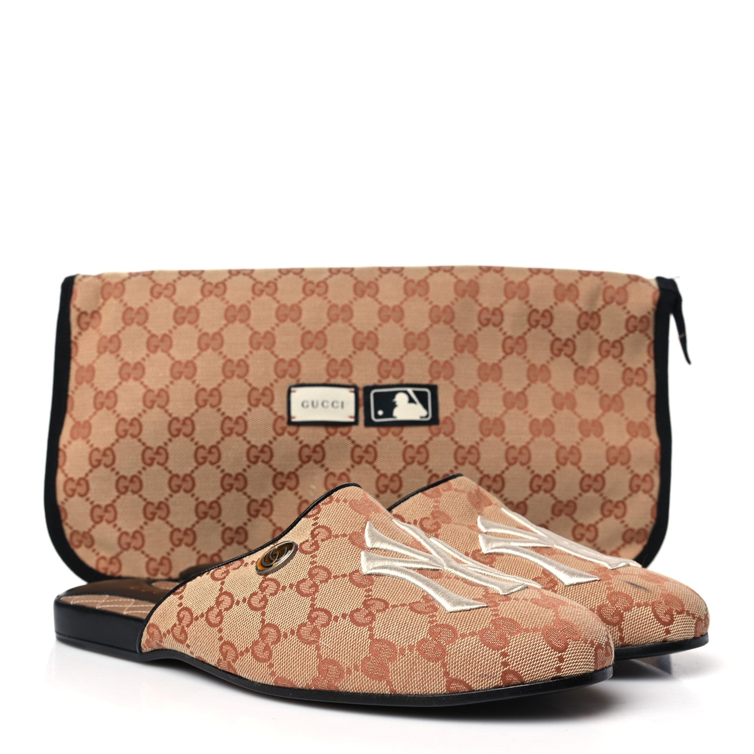 Gucci X MLB Monogram NY Yankees Embroidered Mens GG Slippers 8 Beige Ruggine 10 of 10