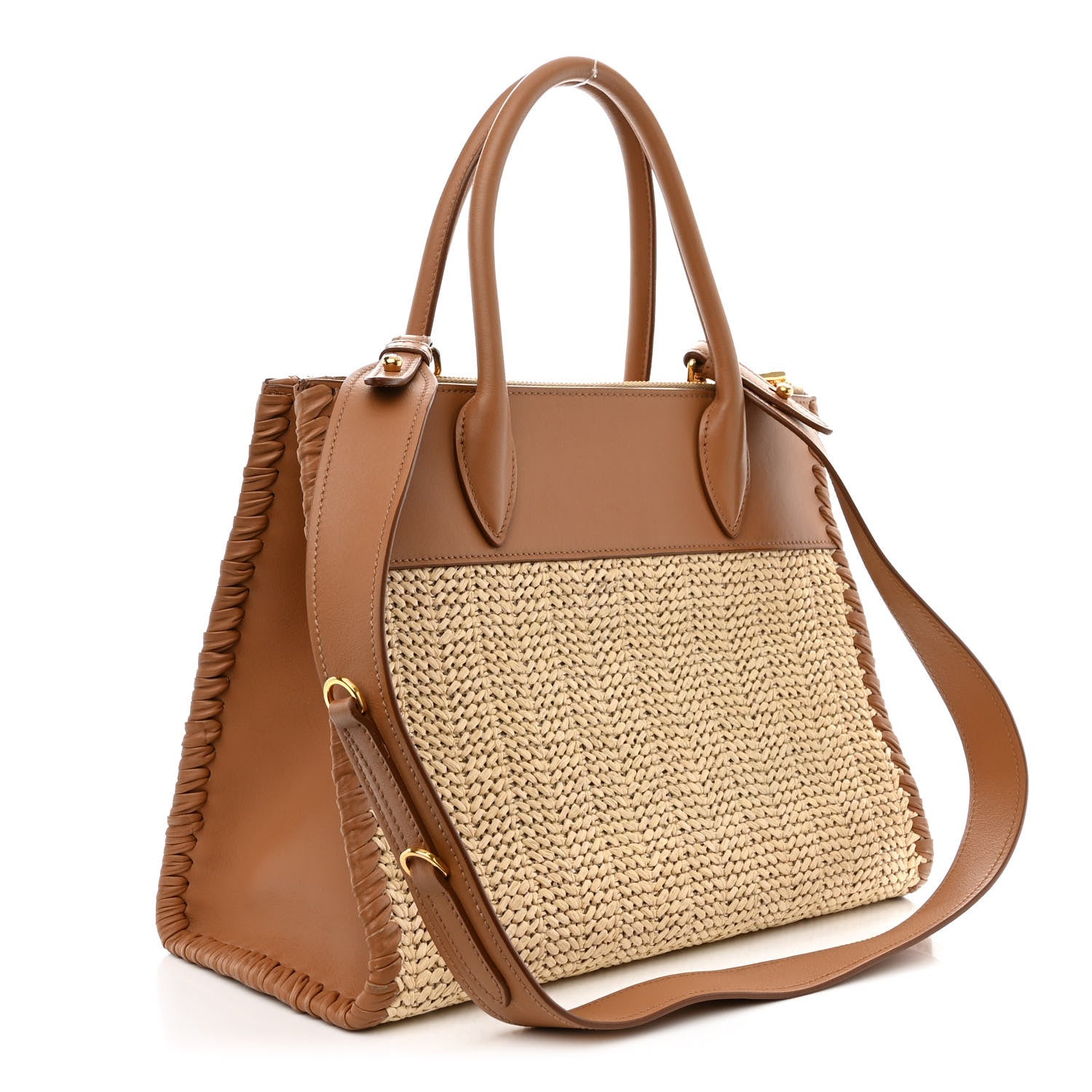 Prada Raffia City Calfskin Whipstitch Medium Paradigme Bag Naturale Caramel 3 of 22