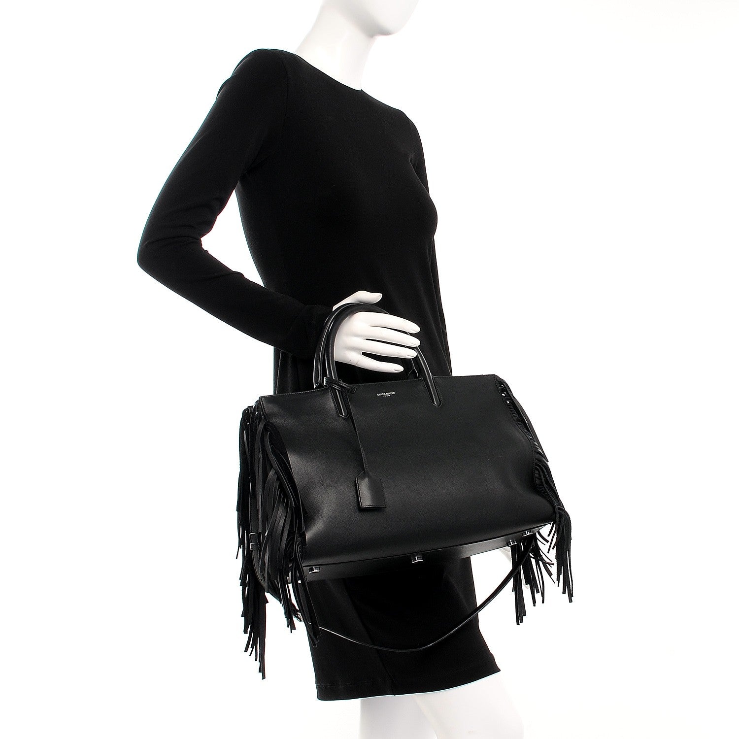 Saint Laurent Grained Calfskin Medium Fringe Cabas Rive Gauche Black 2 of 12
