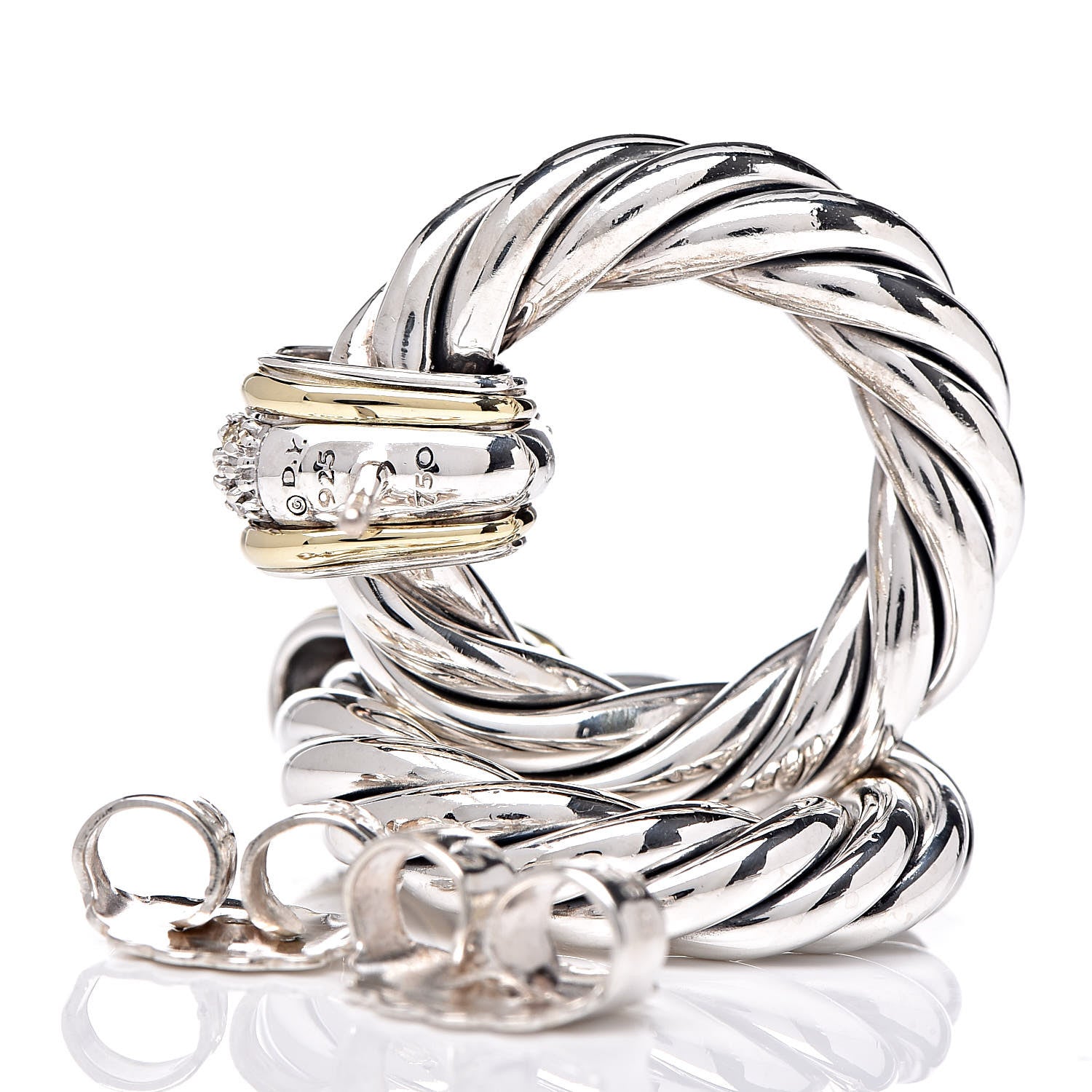 David Yurman Sterling Silver Yellow Gold Diamond Door Knocker Cable Earrings 4 of 5