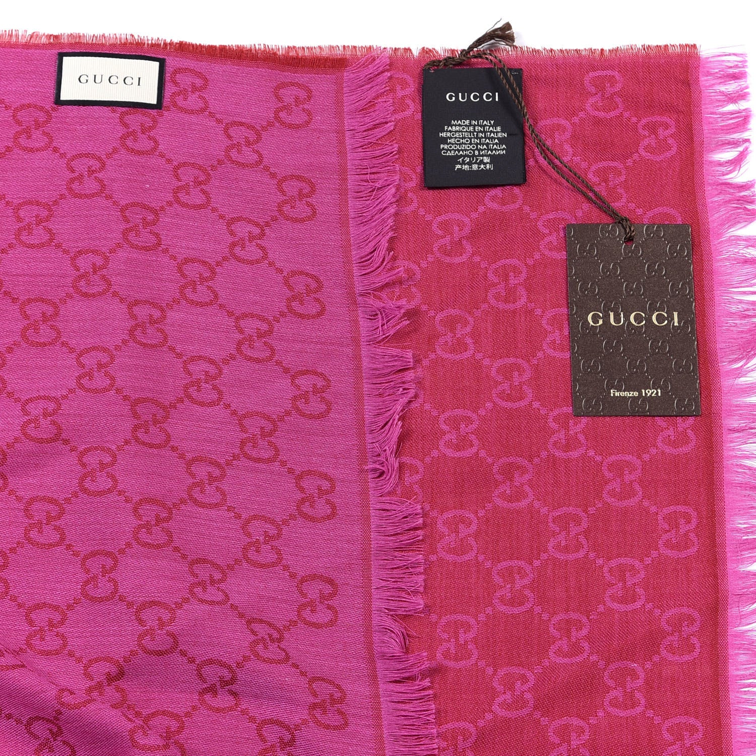 Gucci Wool Silk GG Monogram GGWeblong Fringe Scarf Shawl Red Pink 3 of 3