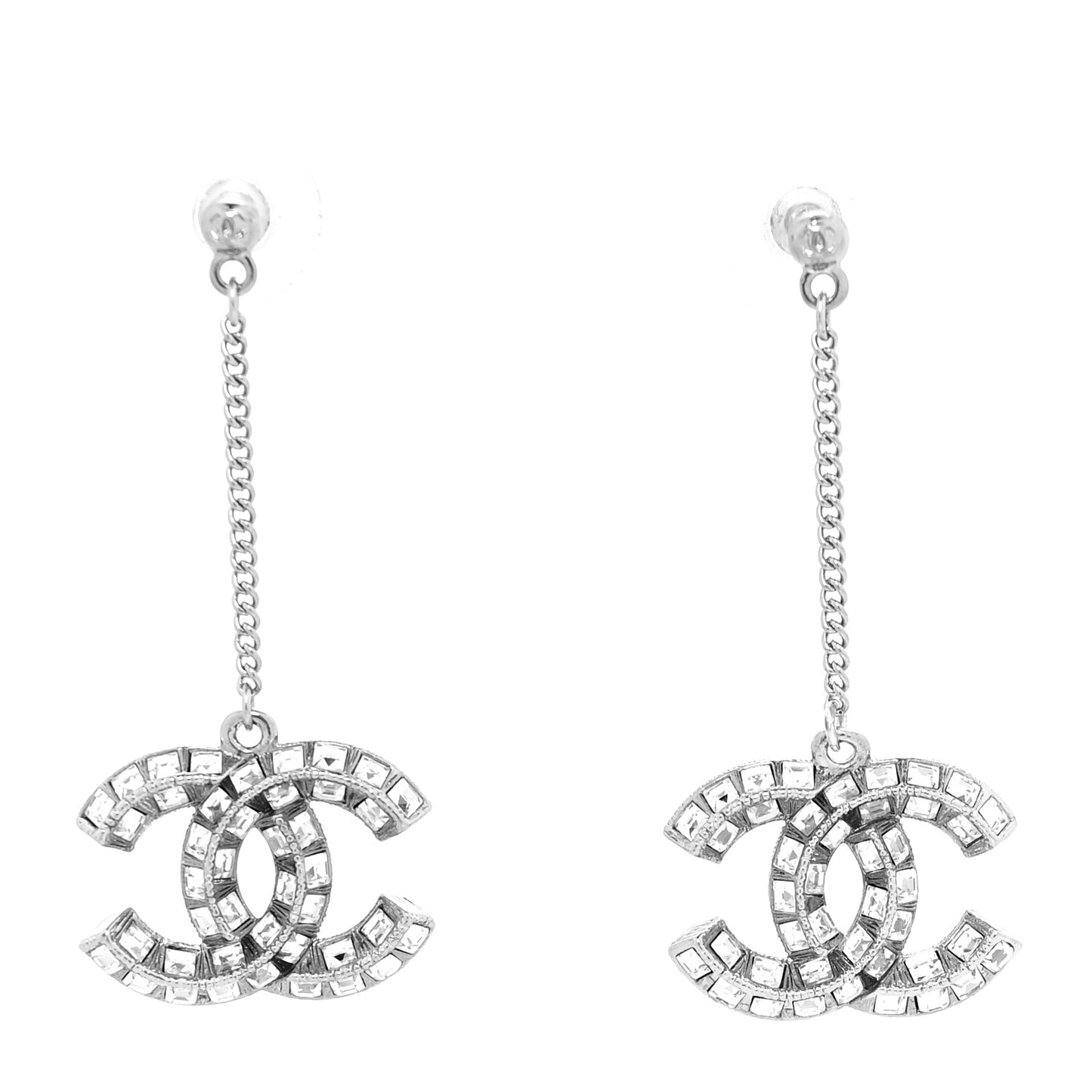 Baguette Crystal CC Drop Earrings Silver