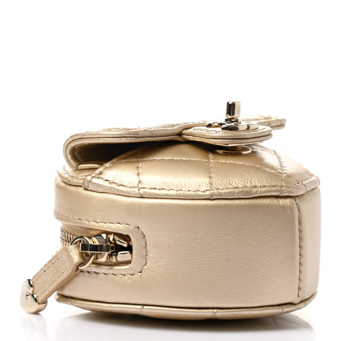 Metallic Lambskin Quilted CC In Love Heart Coin Purse With Chain Gold