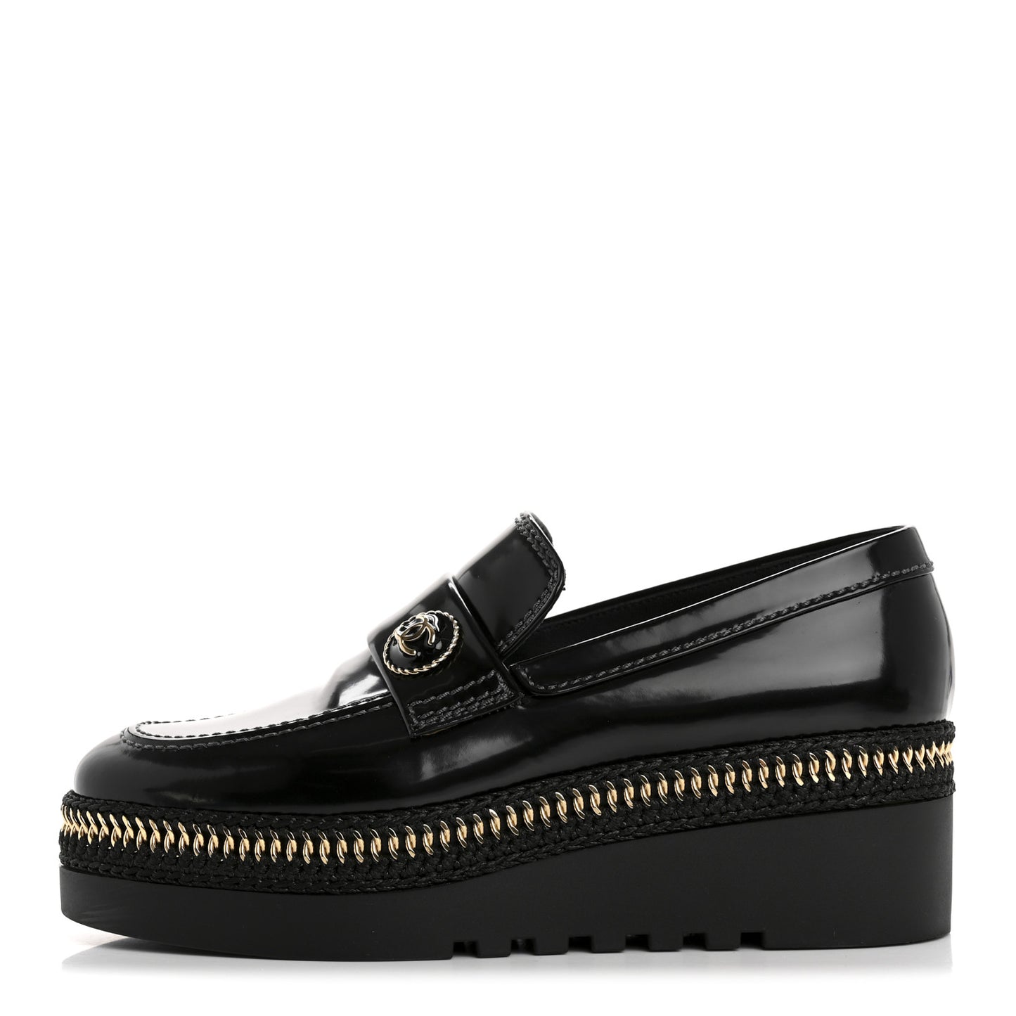 Shiny Calfskin Platform Loafers 37 Black
