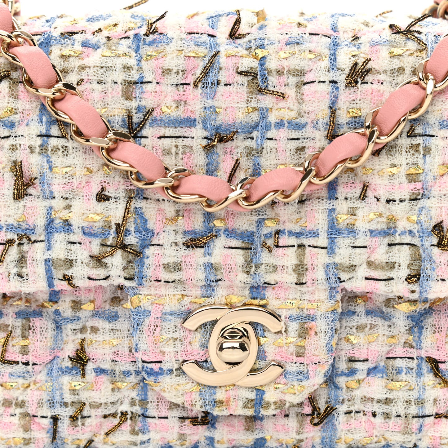 Tweed Quilted Mini Rectangular Flap Light Blue Pink Gold White