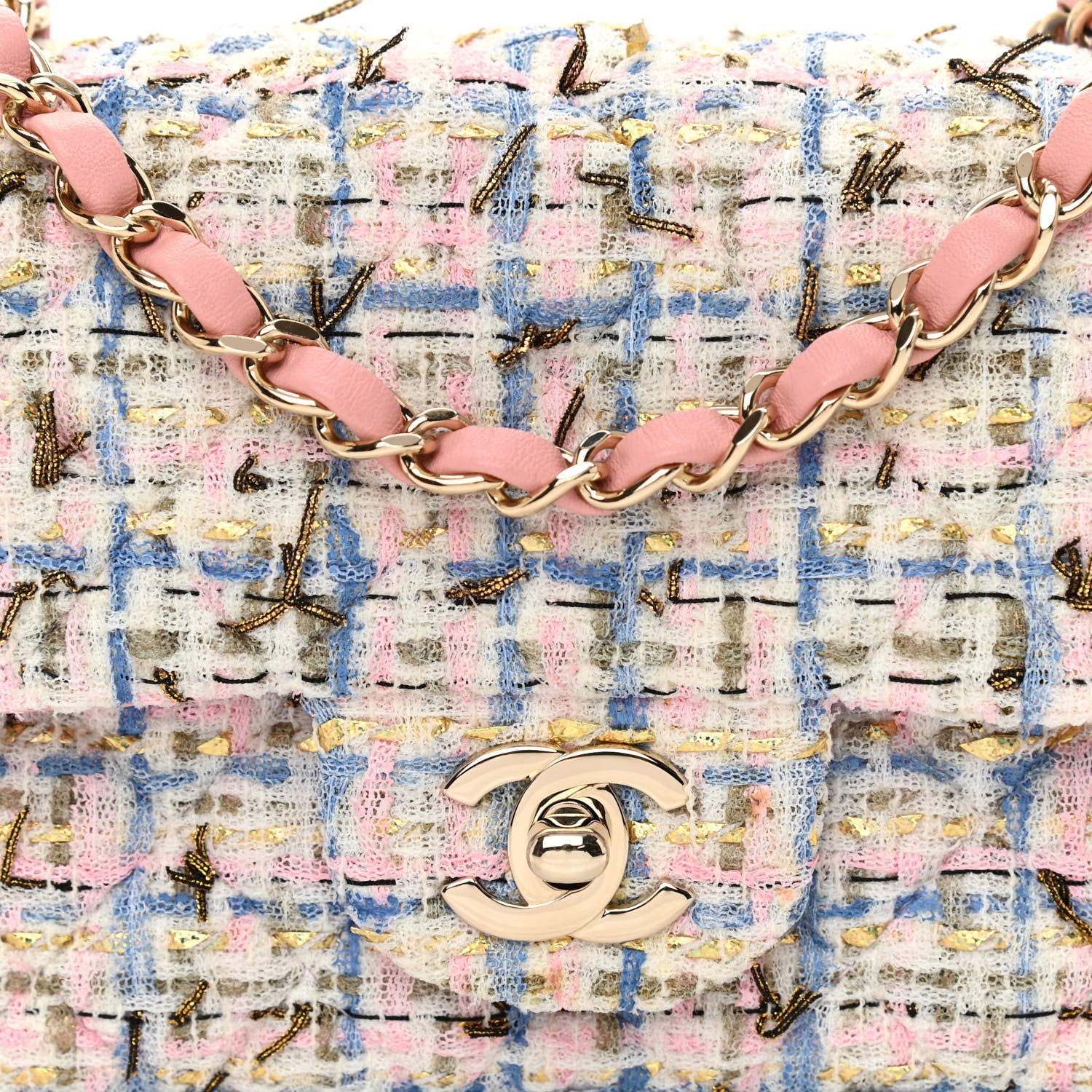 Chanel Tweed Quilted Mini Rectangular Flap Light Blue Pink Gold White 8 of 12