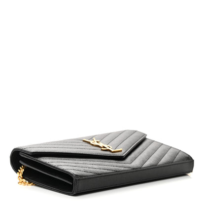 Saint Laurent Grain De Poudre Matelasse Chevron Monogram Chain Wallet Black 4 of 14