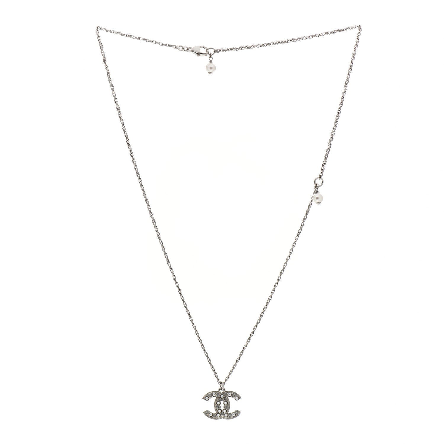 Chanel Crystal Pearl CC Pendant Necklace Silver 3 of 4