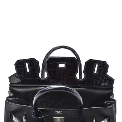 Hermes Taurillon Novillo Shiny Niloticus Crocodile Birkin Touch 30 Black Bleu Marine 12 of 29
