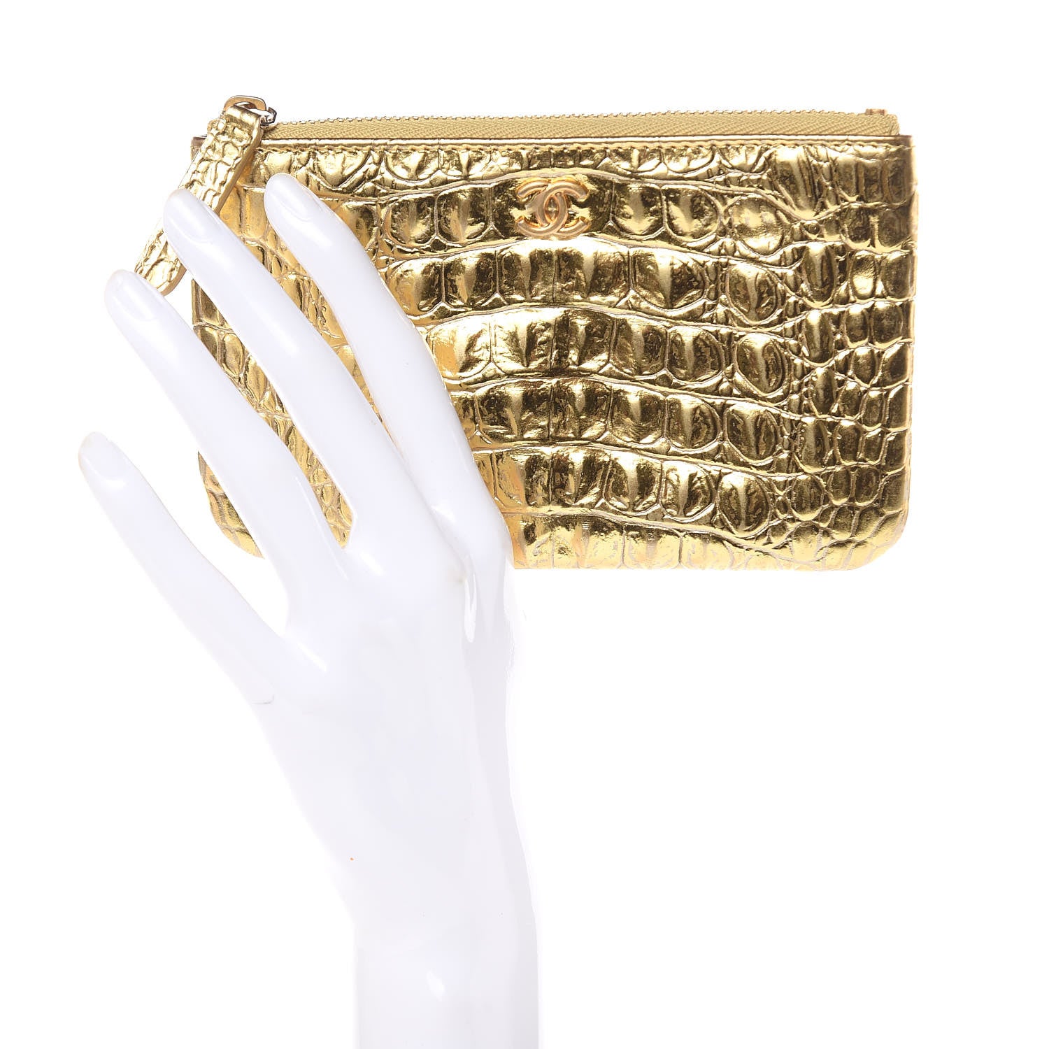 Chanel Metallic Calfskin Crocodile Embossed Cocodile Cosmetic Case Gold 2 of 8