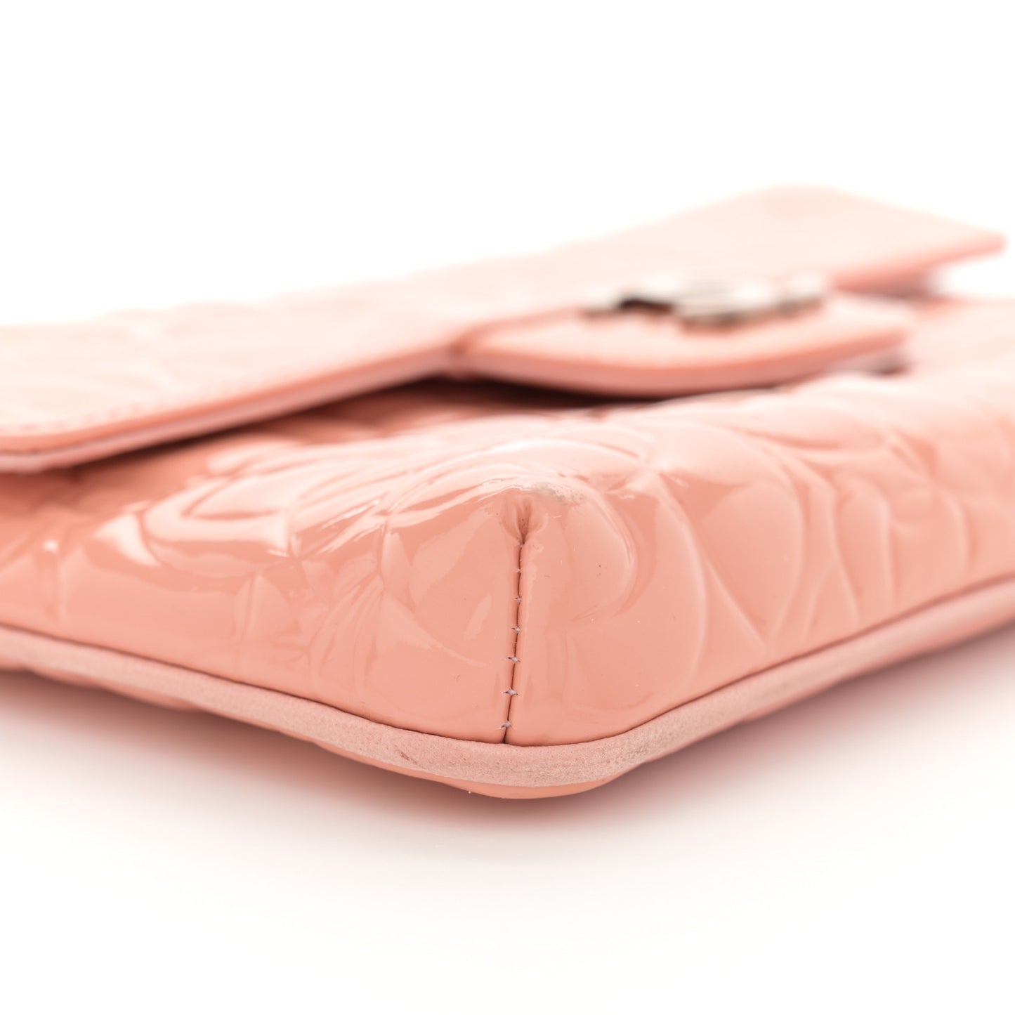 Patent Calfskin Camellia Embossed Flap Pochette Pink