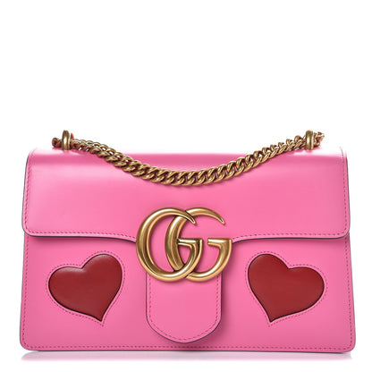 Gucci Knight Calfskin Malaga Kid Heart Medium GG Marmont Chain Handle Bag Tropical Pink Flower Hibiscus Red Multicolor 1 of 7