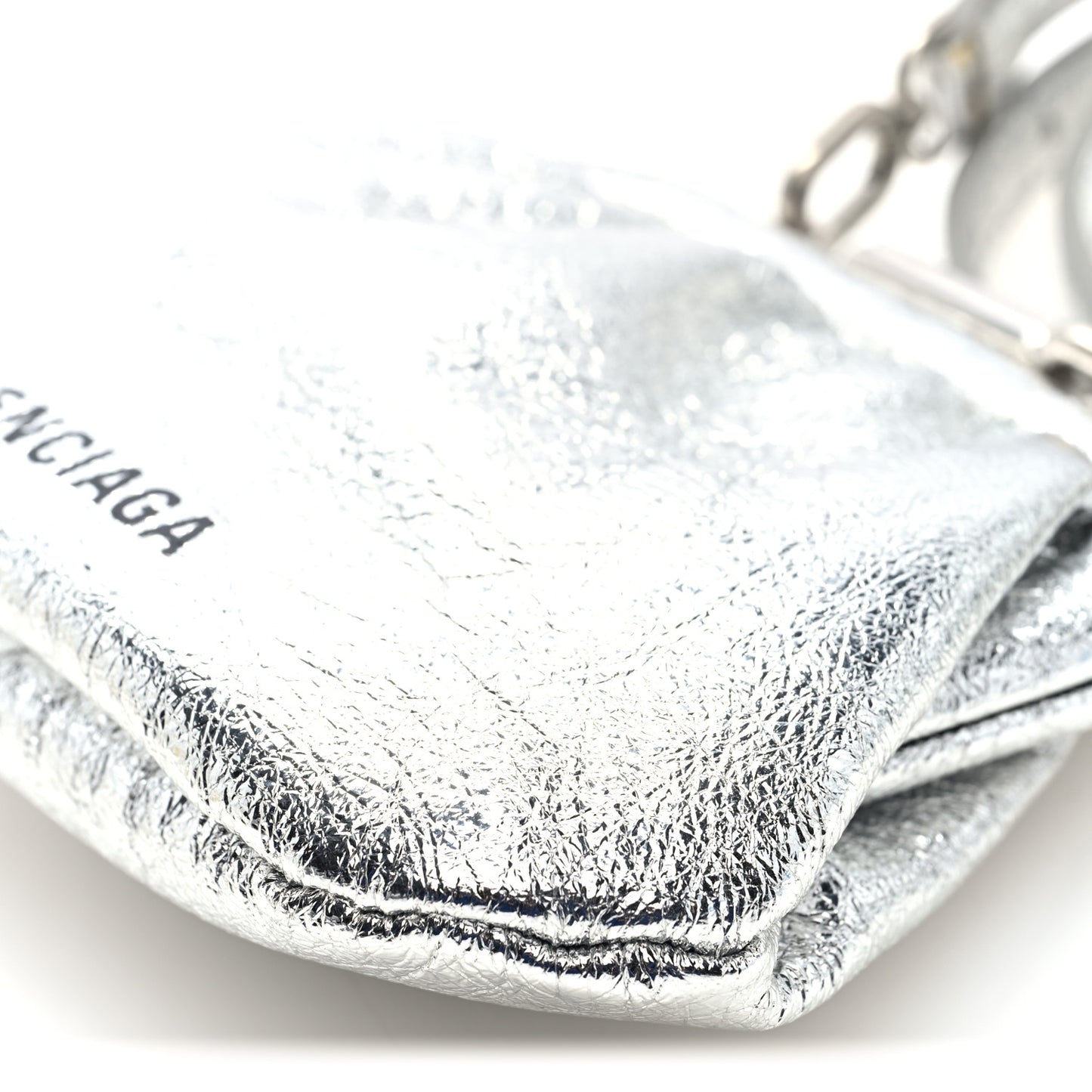 Metallic Textured Calfskin Logo Cloud Coin Purse With Strap Silver