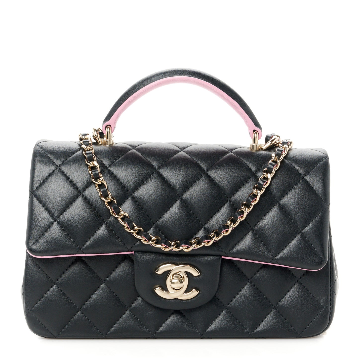 Lambskin Quilted Bi-Color Mini Top Handle Rectangular Flap Black Lilac