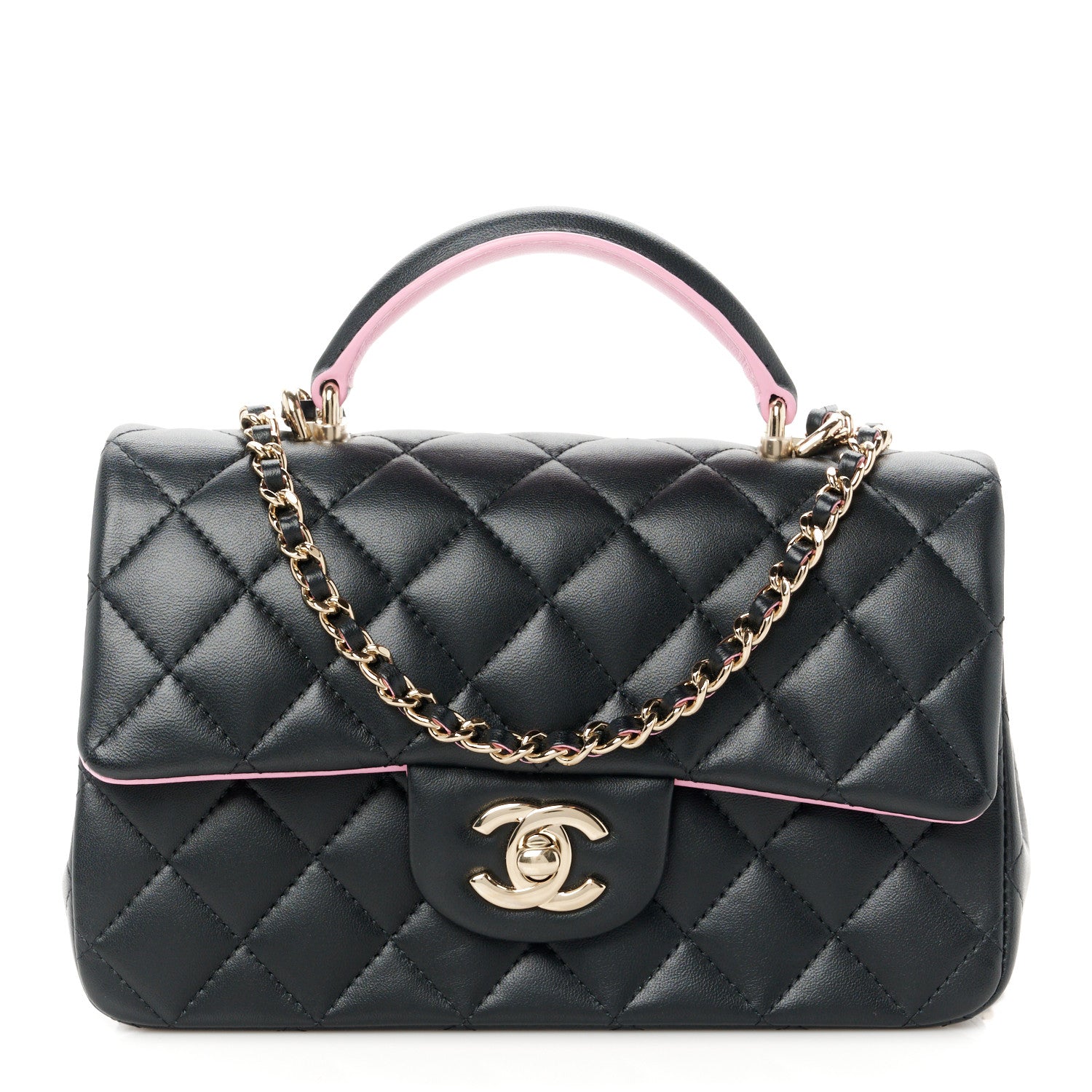 Chanel Lambskin Quilted Bi-Color Mini Top Handle Rectangular Flap Black Lilac 1 of 11