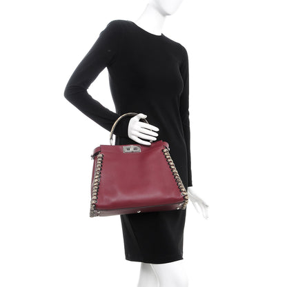 Fendi Calfskin Elaphe Lace Up Medium Peekaboo Iconic Satchel Bordeaux Beige Verde 3 of 8