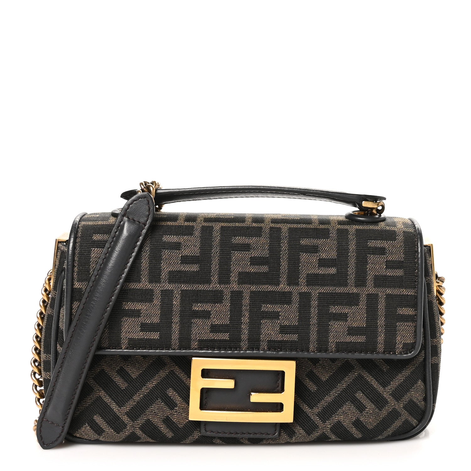 Fendi Fabric Jacquard FF 1974 Midi Chain Baguette Tobacco Moro 1 of 10
