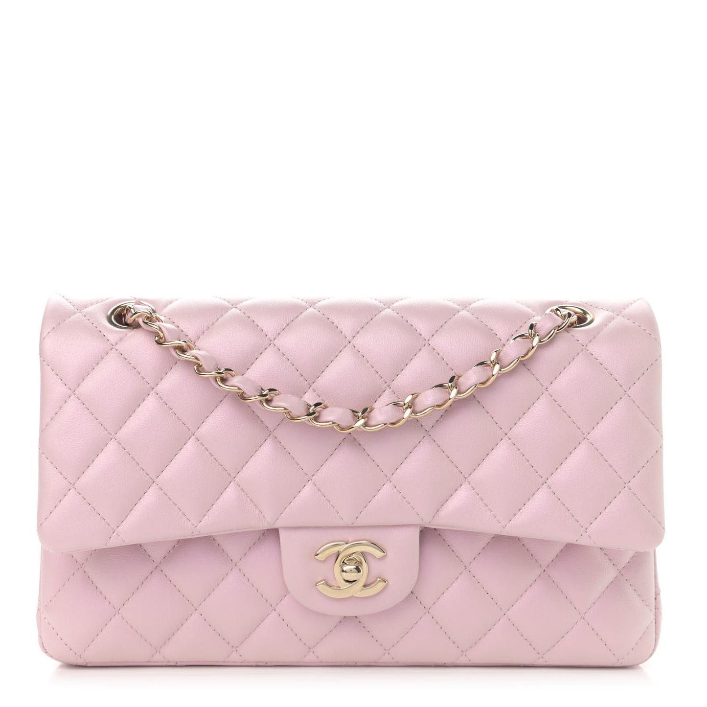 Iridescent Calfskin Quilted Medium Double Flap Light Pink