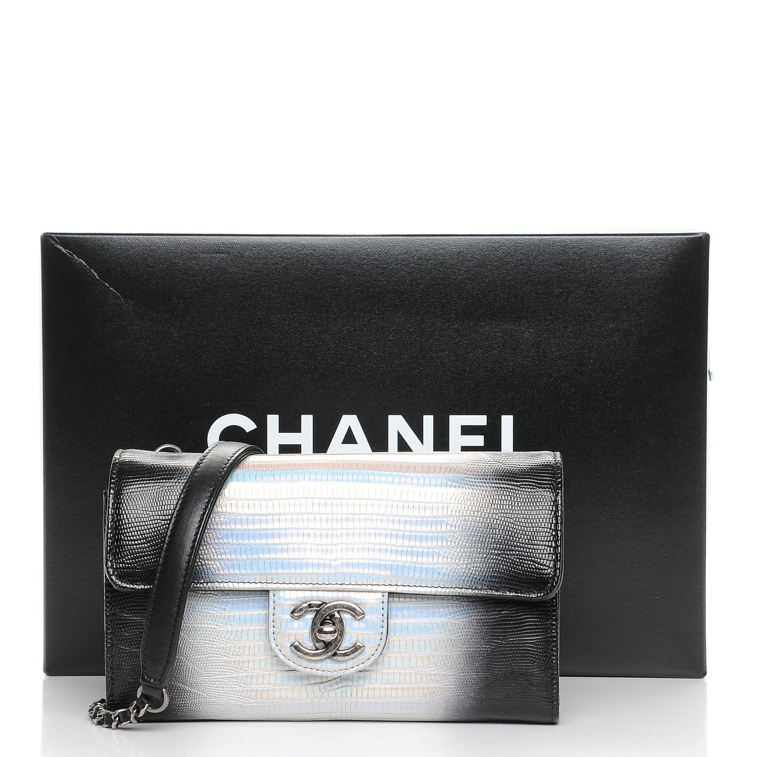 Chanel Iridescent Lizard Ombre Clutch with Removable Chain Silver 6 of 8