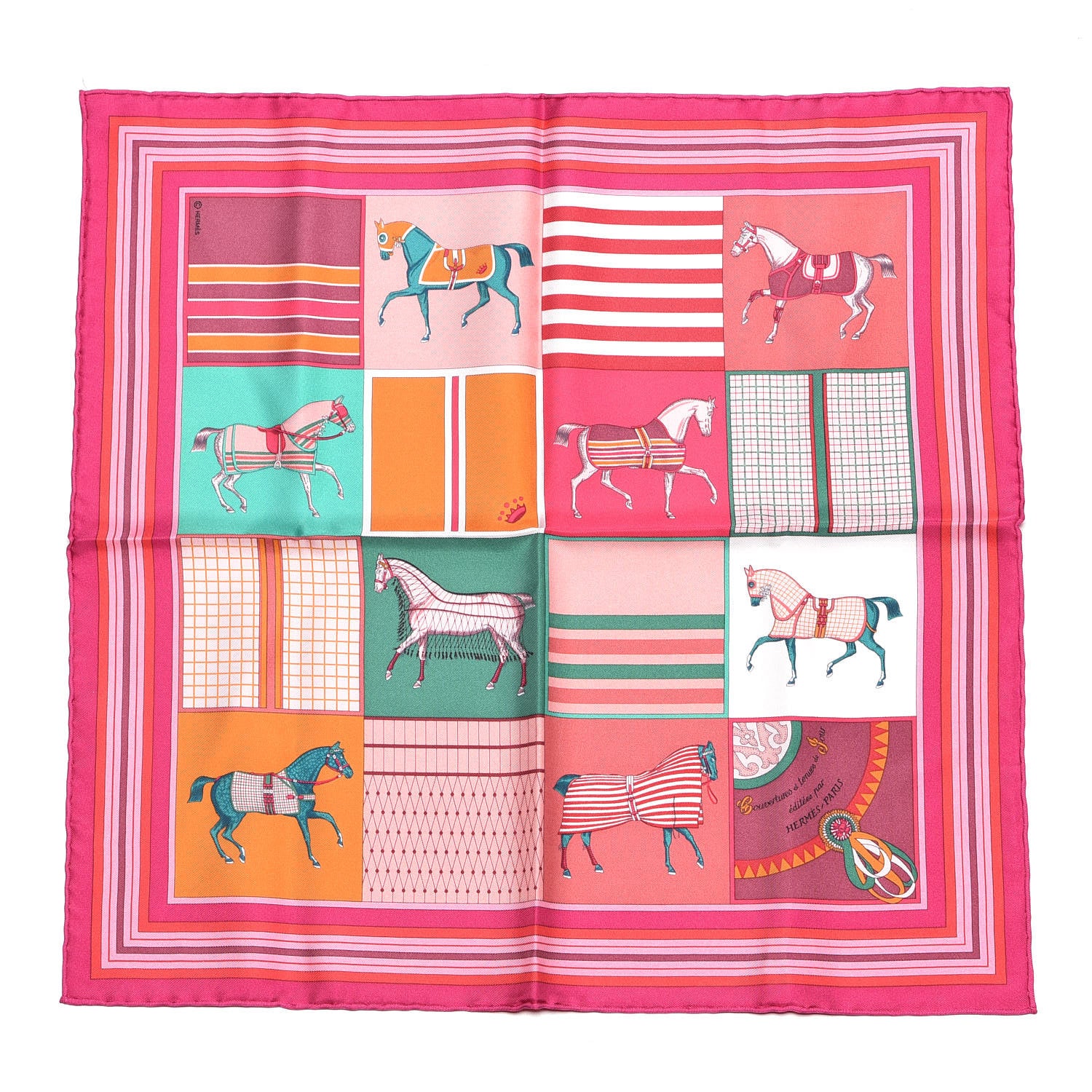 Hermes Silk Couvertures Nouvelles Pocket Square Fuchsia Vert Rose 1 of 5