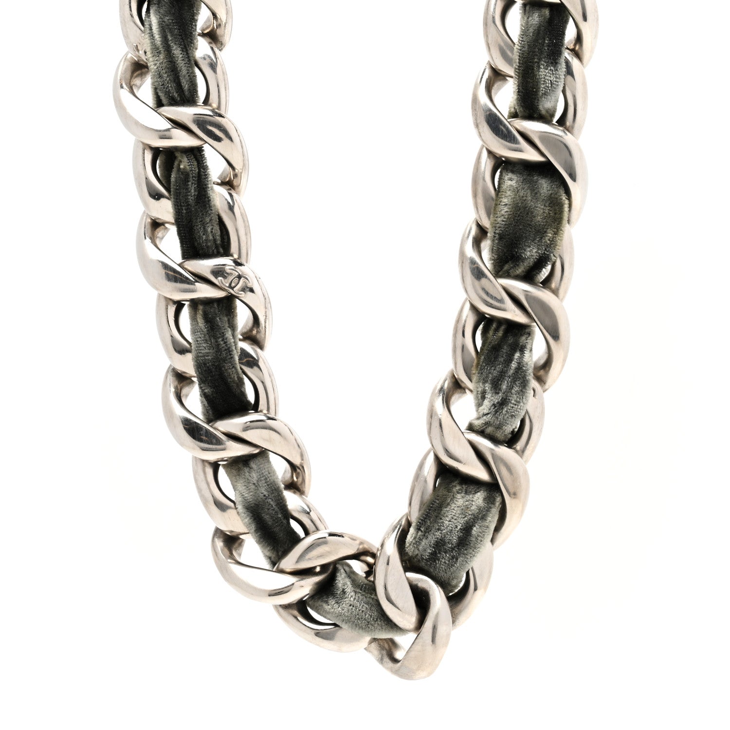 Chanel Velvet CC Chain Link Choker Necklace Silver Grey 1 of 6