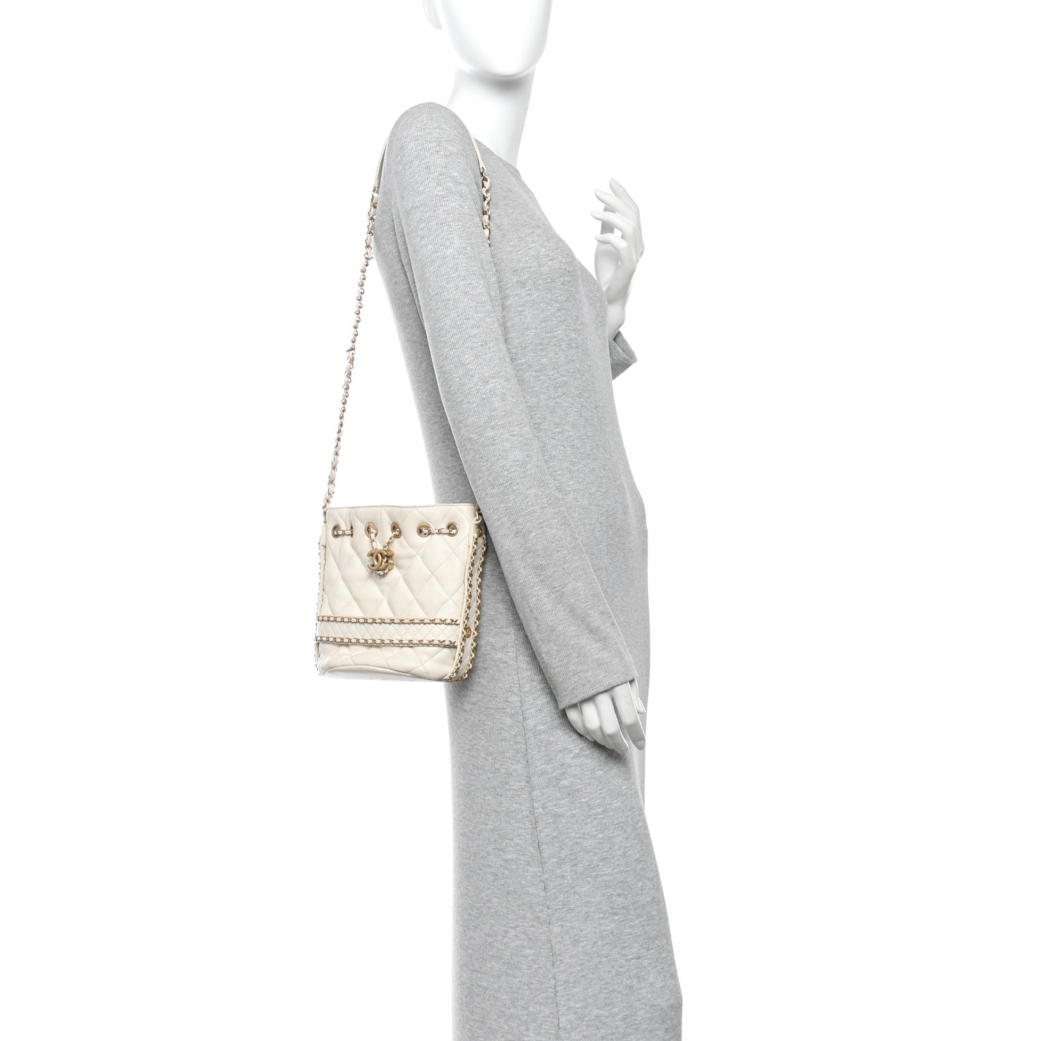 Chanel Aged Calfskin Quilted Chain Bucket Drawstring Bag White 2 of 11