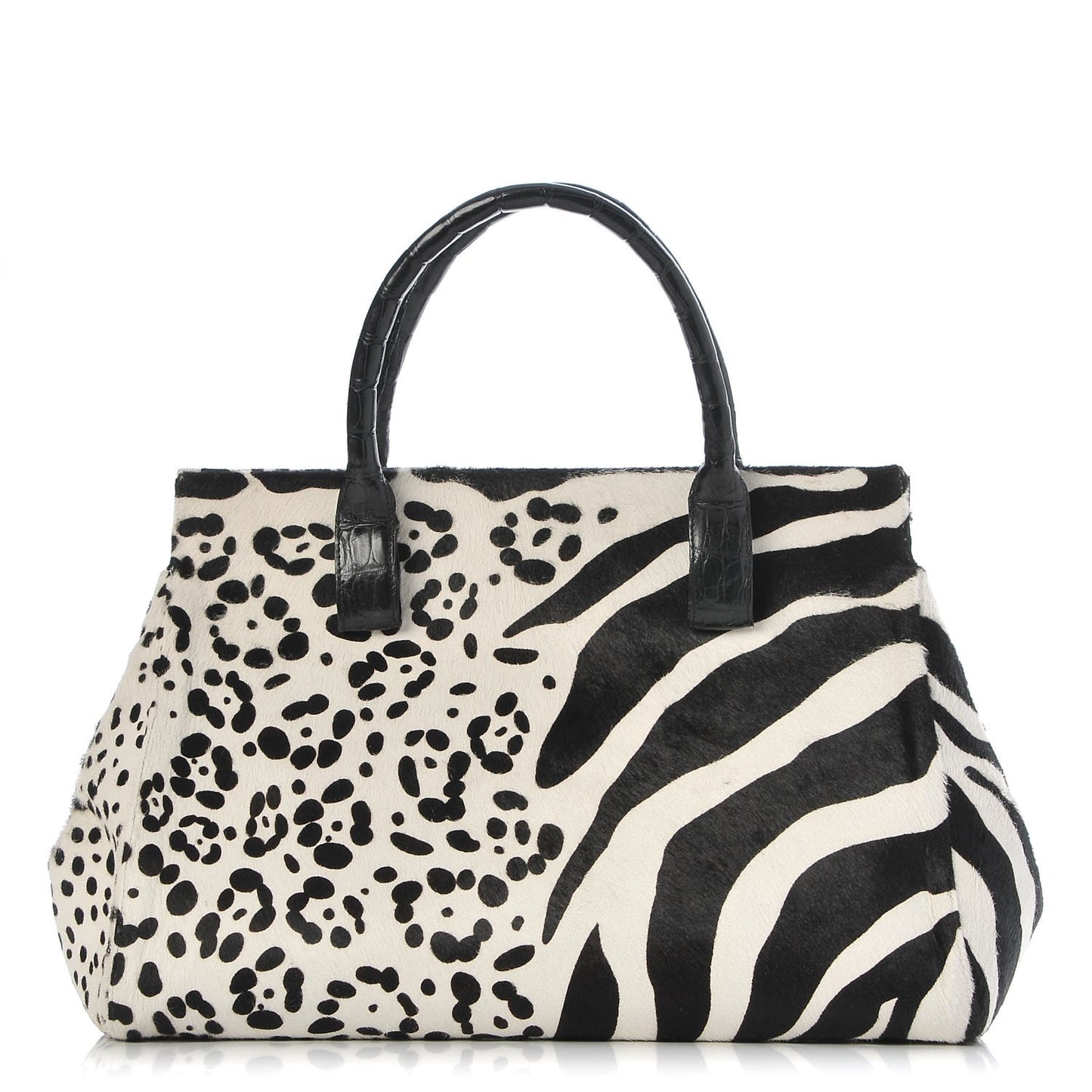 Calf Hair Crocodile Loop Satchel Black White