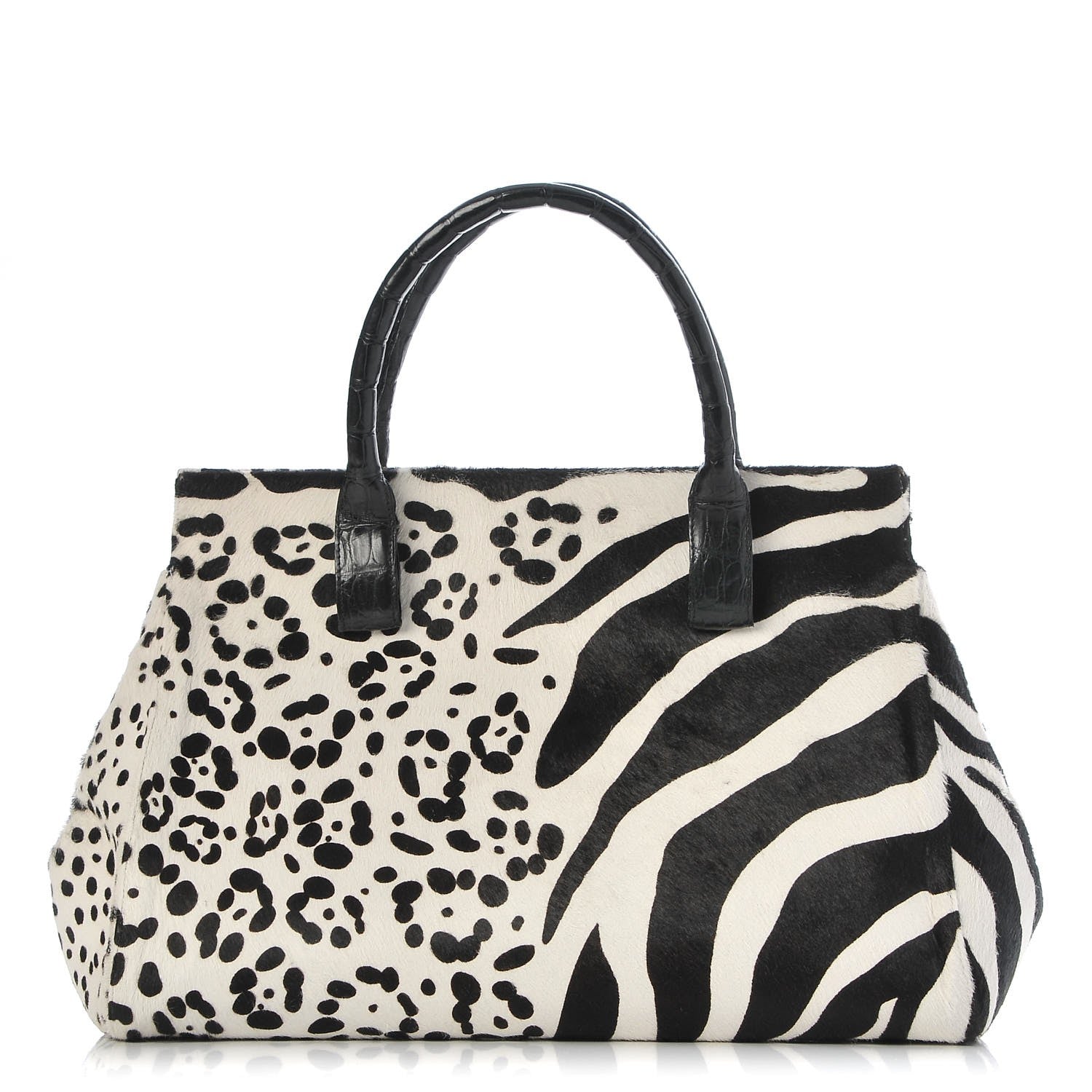 Nancy Gonzalez Calf Hair Crocodile Loop Satchel Black White 1 of 9