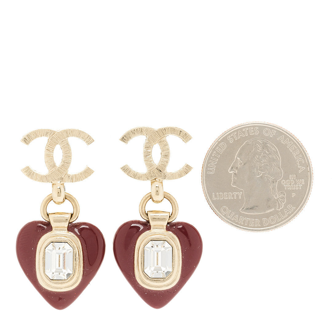 Chanel Resin Crystal CC Heart Drop Earrings Red Gold 2 of 5