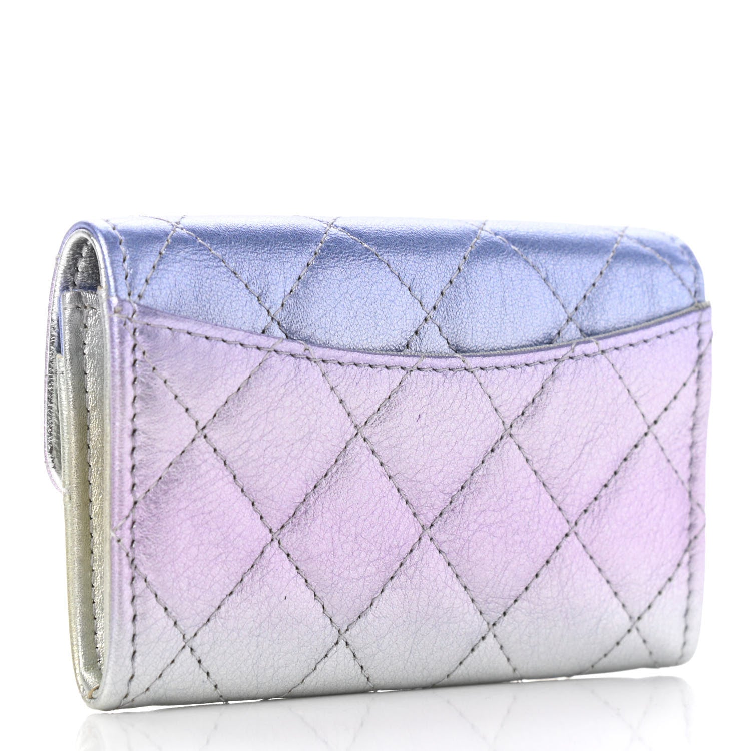 Chanel Gradient Metallic Calfskin Quilted Flap Card Holder Wallet Silver Blue Yellow Purple 3 of 7