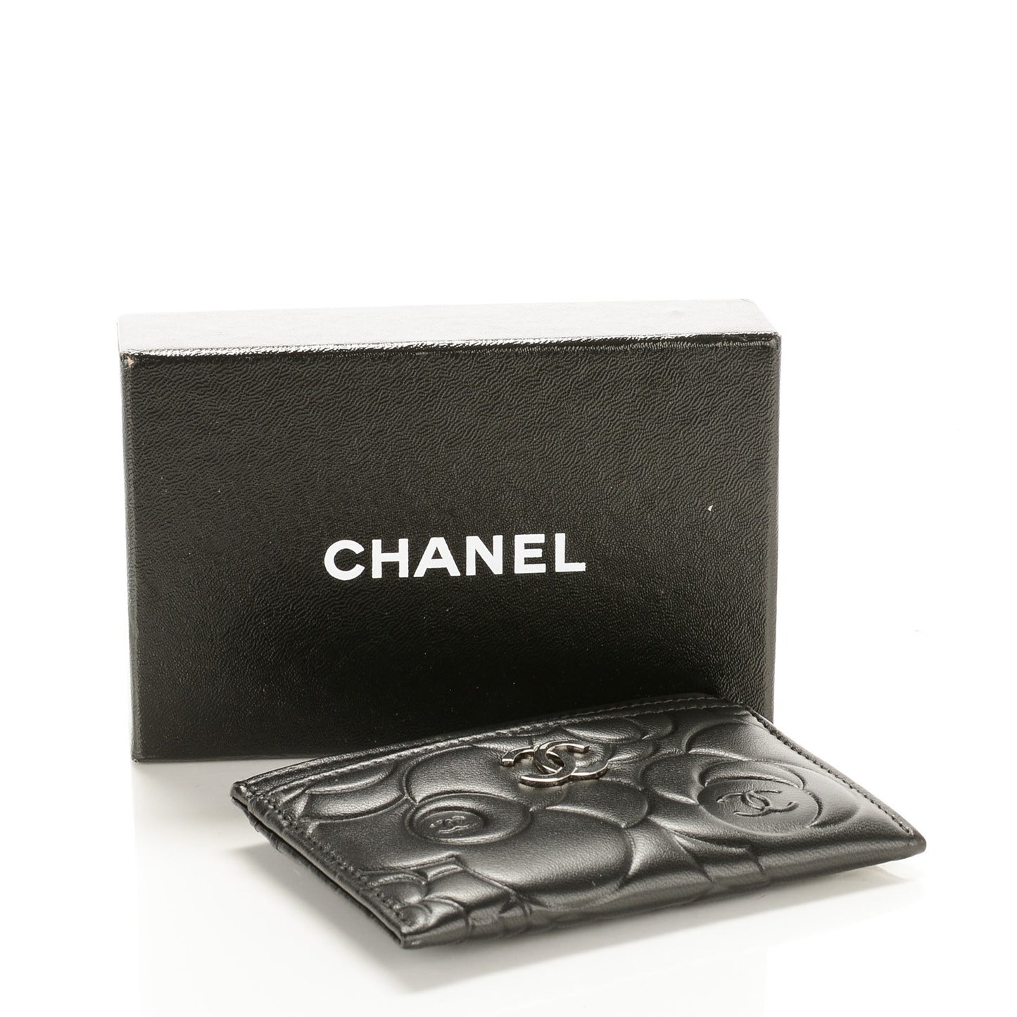 Lambskin Camellia Embossed Card Holder Black