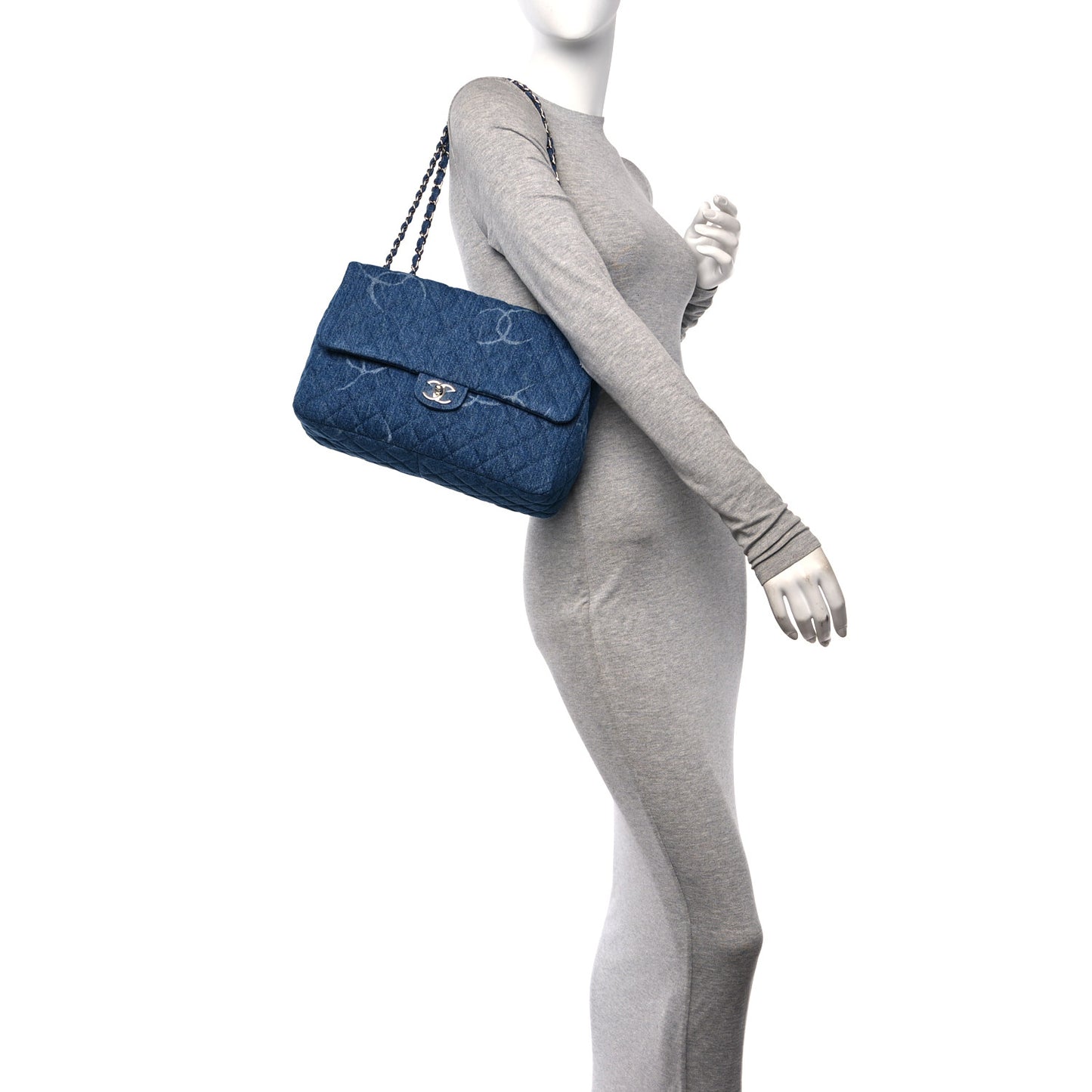 Denim Quilted CC Print Jumbo Single Flap Blue