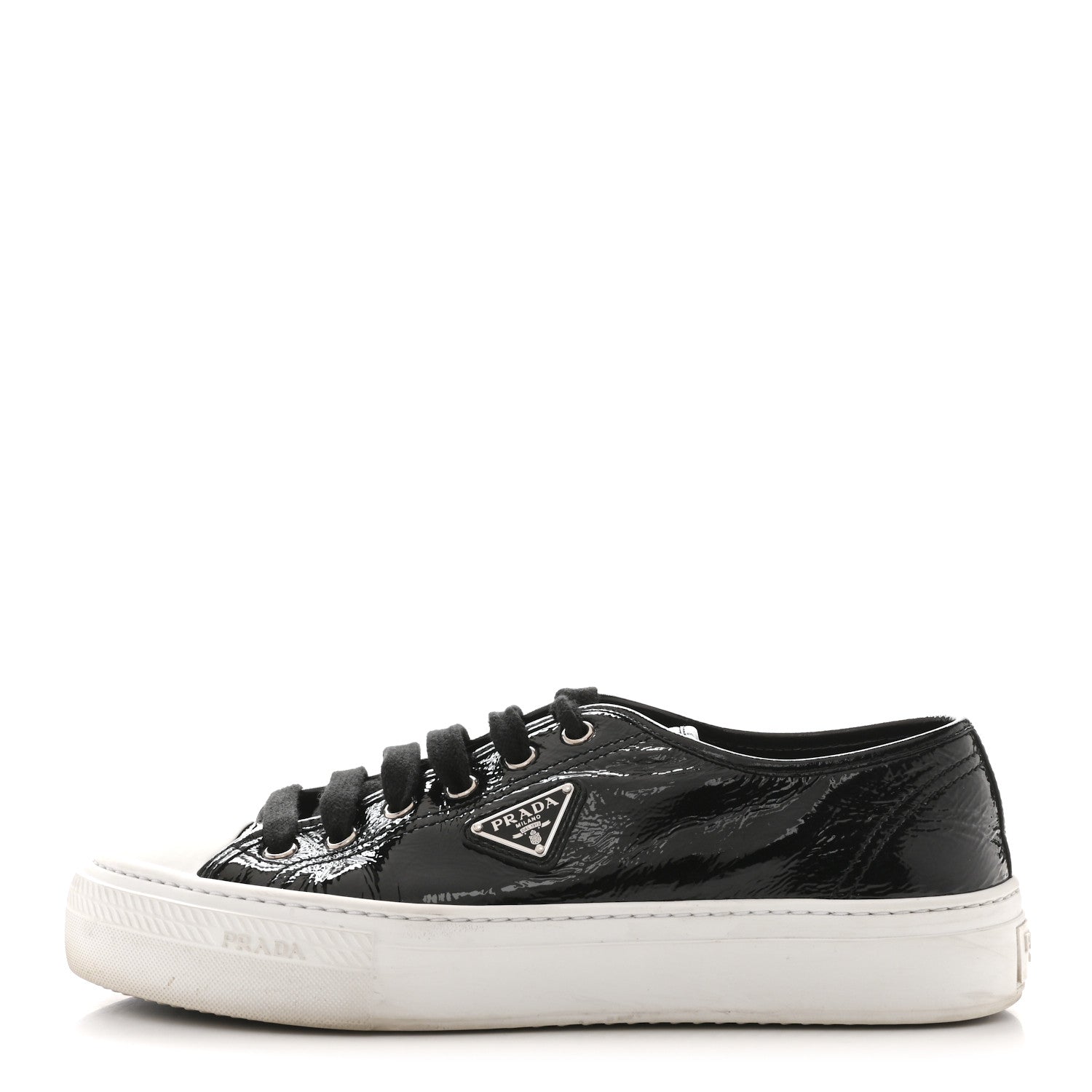 Prada Patent Naplak Triangle Logo Womens Low Top Sneakers 40 Black White 1 of 10
