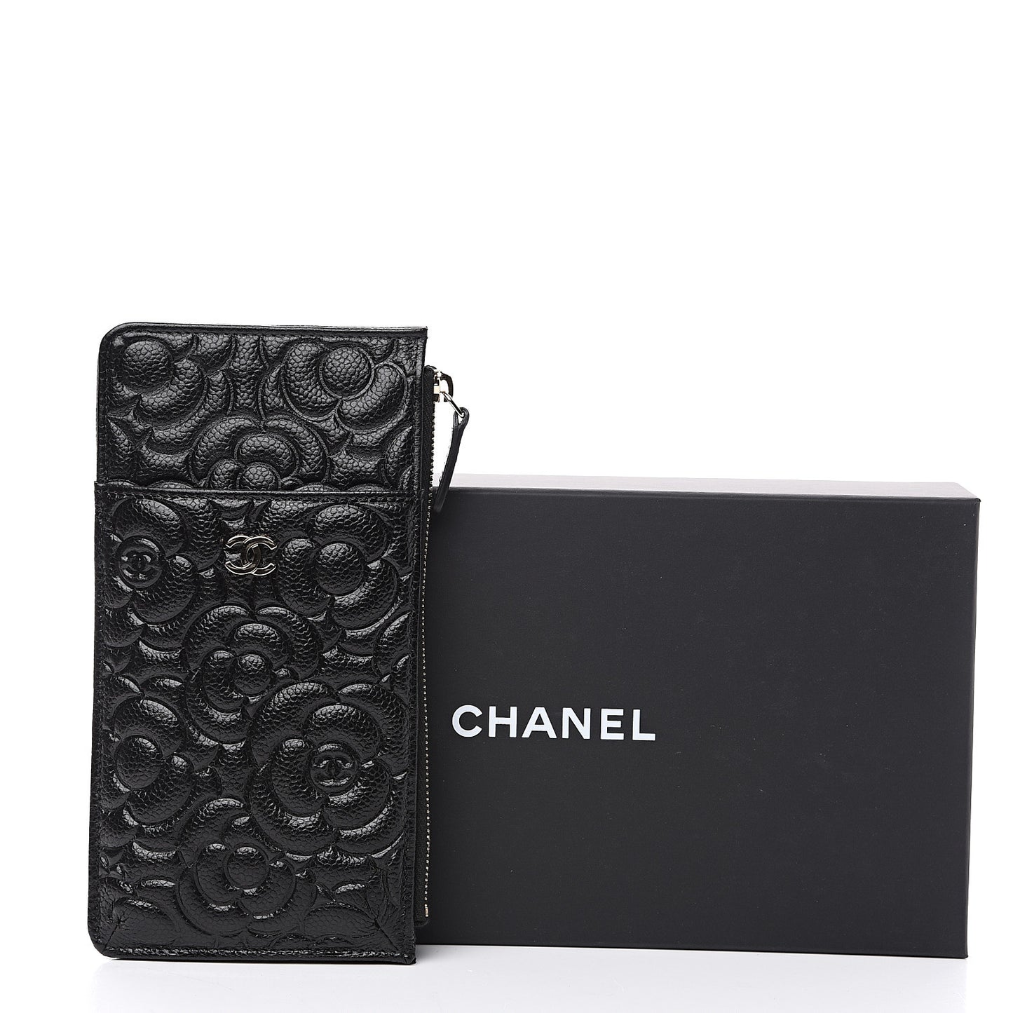 Caviar Camellia Embossed Classic Flat Wallet Pouch Black