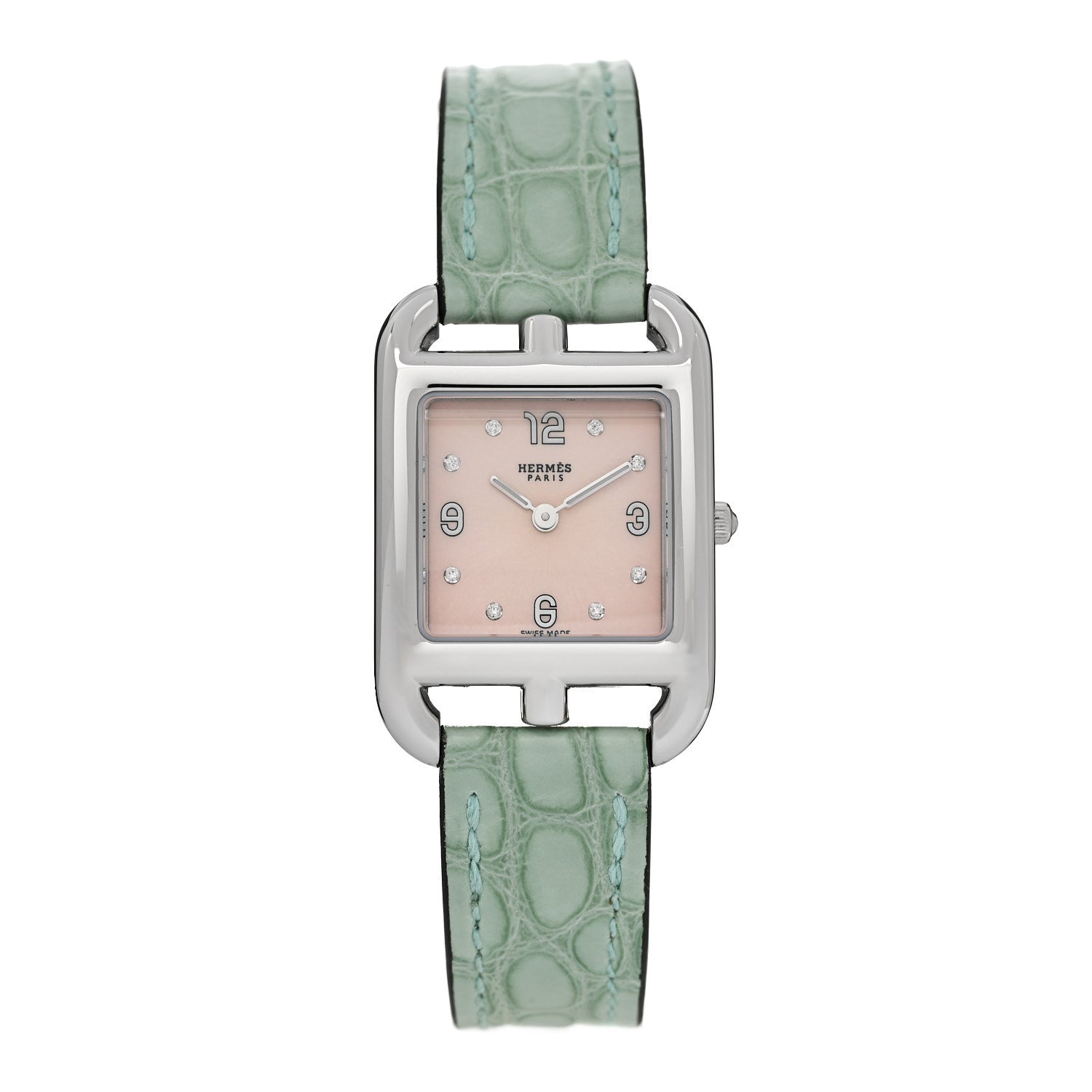 Hermes Stainless Steel Alligator Diamond Bezel Mother of Pearl 23mm Cape Cod Quartz Watch Bleu Brum 1 of 5
