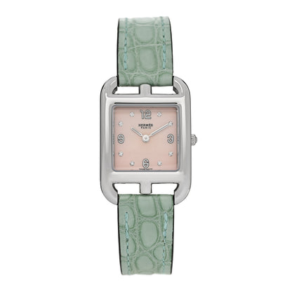 Hermes Stainless Steel Alligator Diamond Bezel Mother of Pearl 23mm Cape Cod Quartz Watch Bleu Brum 1 of 5