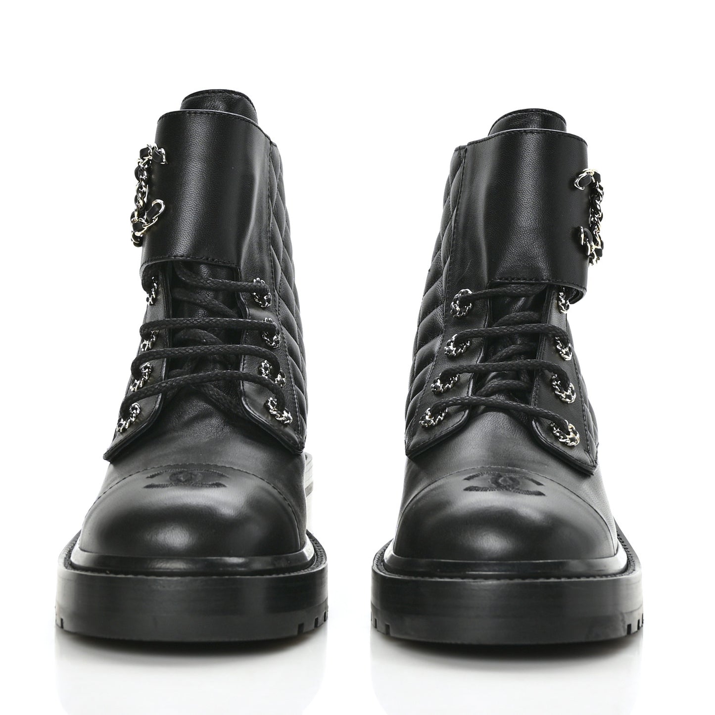 Shiny Calfskin Quilted Lace Up Combat Boots 40 Black