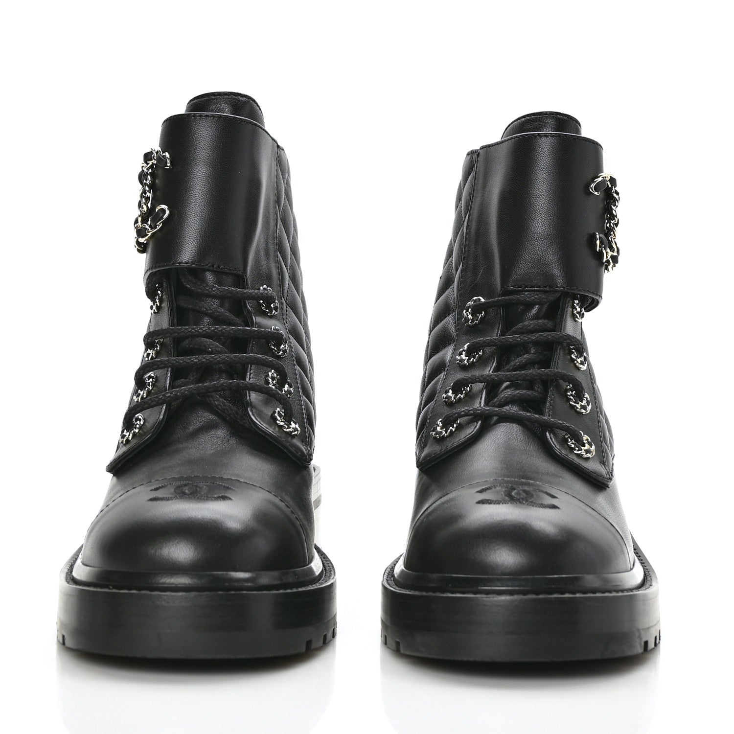 Chanel Shiny Calfskin Quilted Lace Up Combat Boots 40 Black 2 of 8